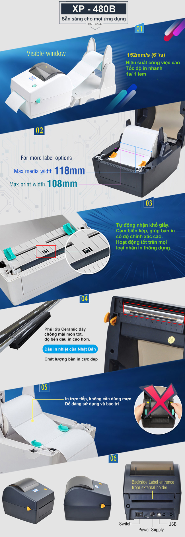 máy in nhiệt Xprinter XP-480B, máy in tem vận chuyển, in tem đơn hàng, máy in mã vạch XP-480B, Xprinter Việt Nam