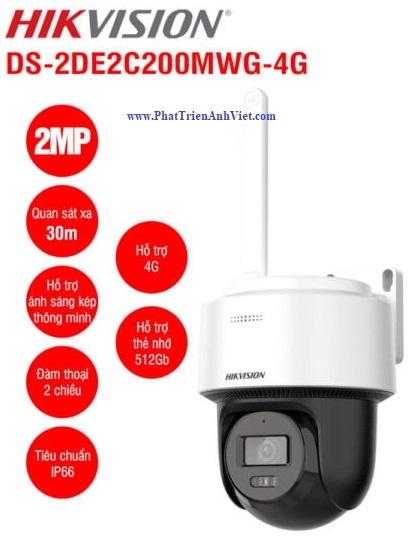 Camera IP Mini PT 2MP 4G HIKVISION DS-2DE2C200MWG-4G