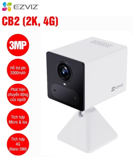 Camera Wifi Pin Sạc EZVIZ CB2 2K 4G – 3MP, Hồng Ngoại 8m, Thẻ Nhớ 512GB
