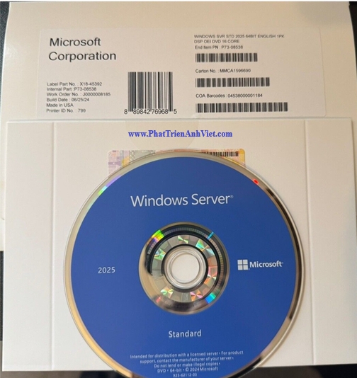 Phần mềm Windows Server Standard 2025 64Bit English 1pk DSP OEI DVD 16 Core P73-08538